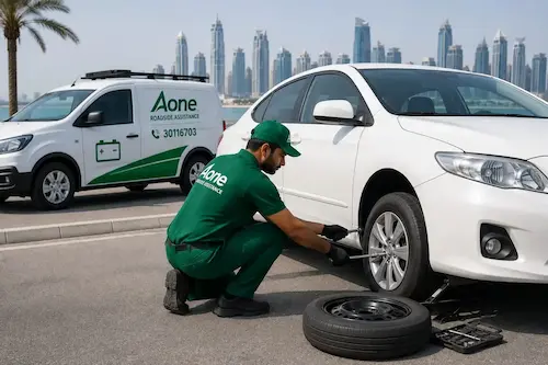 A professional from aone roadside assistance doing tire replacement service