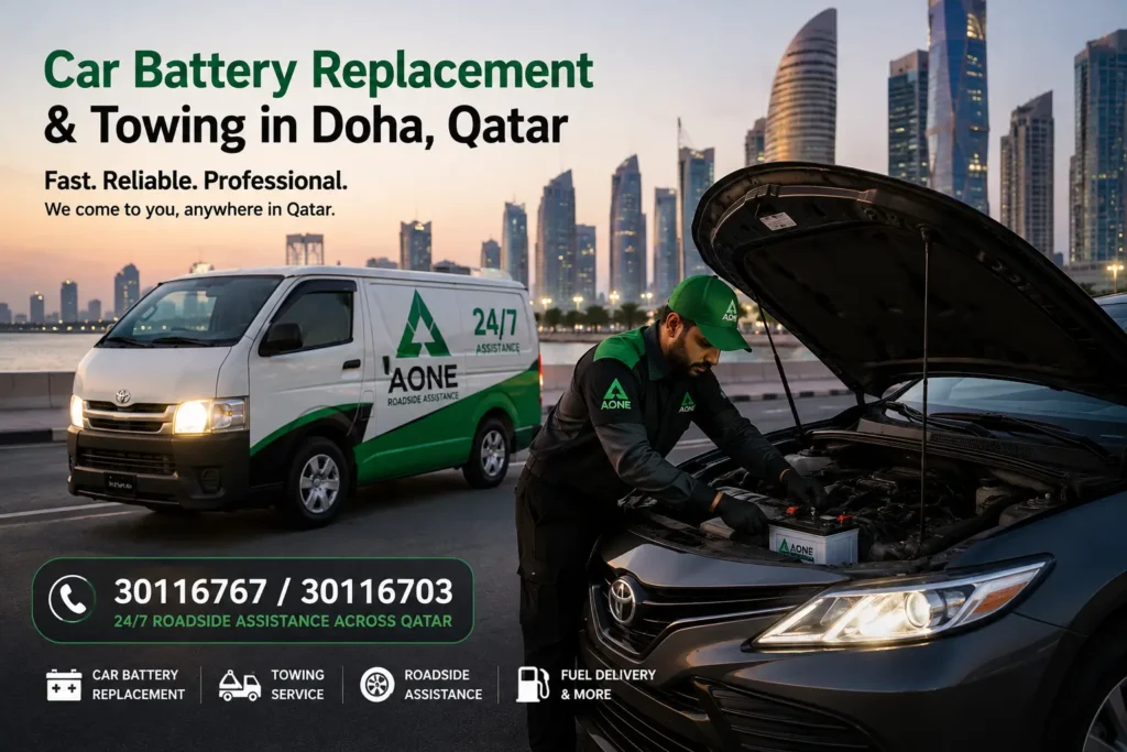 car battery replacement and towing in doha by aone roadside assistance