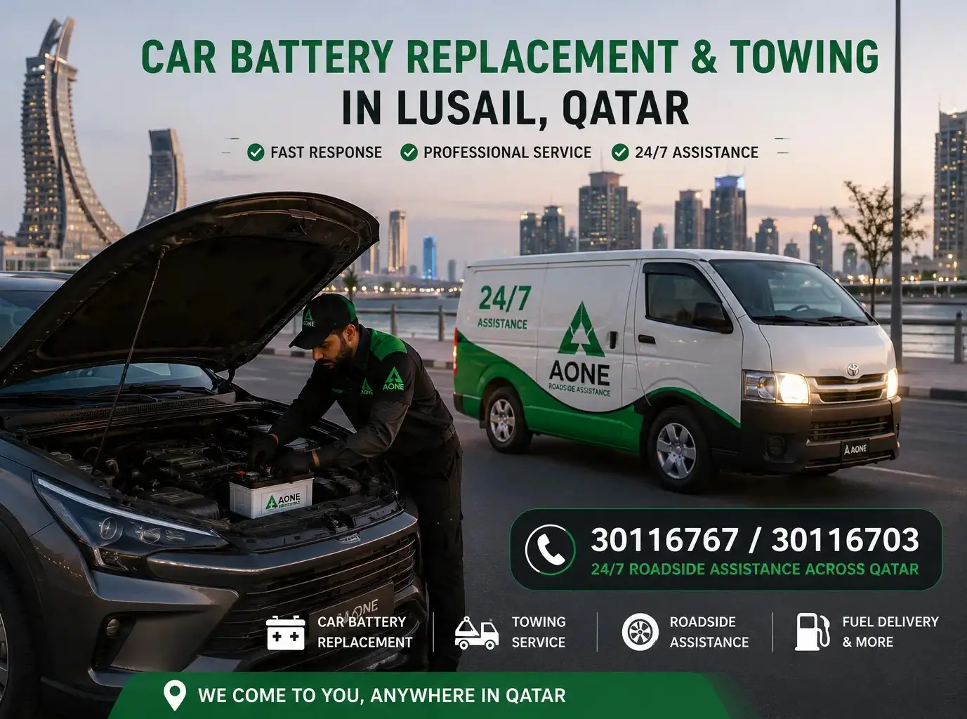 Car battery replacement and towing in Lusail by aone roadside assistance