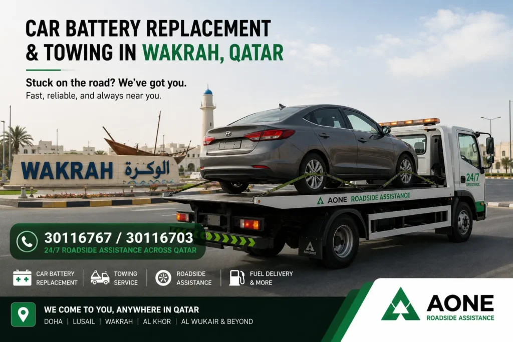 car battery replacement and towing in al wakrah provided by aone roadside assistance.