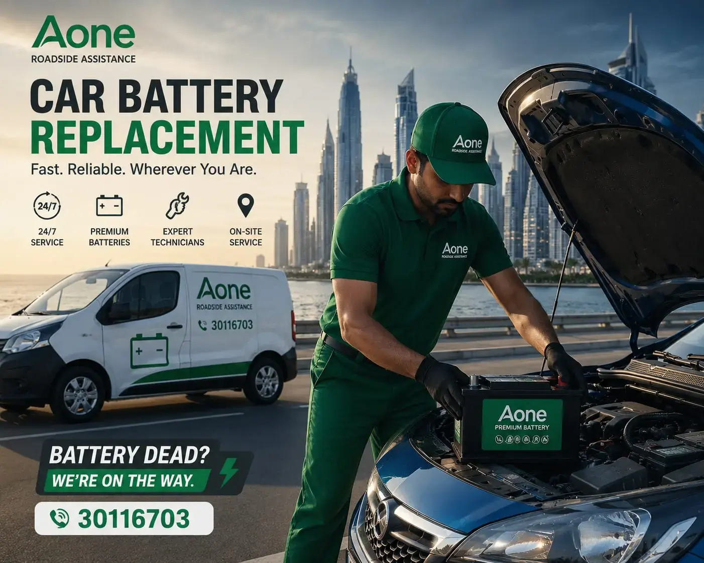 customer calling aone roadside assistance for roadside car battery replacement.