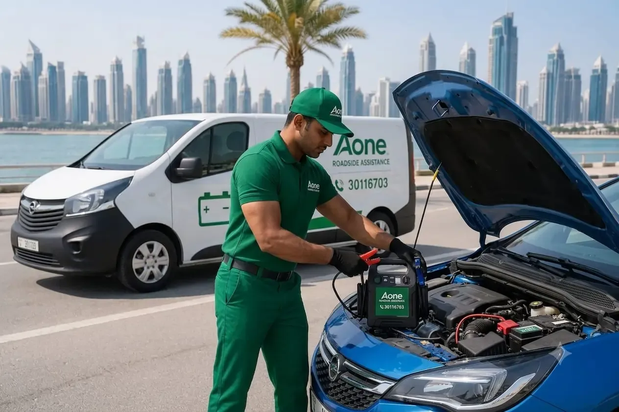 A professional from aone roadside assistance doing car battery replacement on site