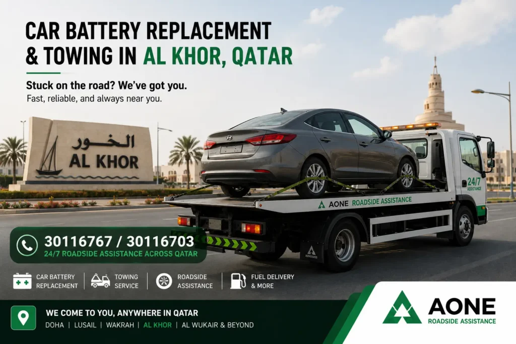 car battery replacement and towing service in Al Khor by aone roadside assistance.